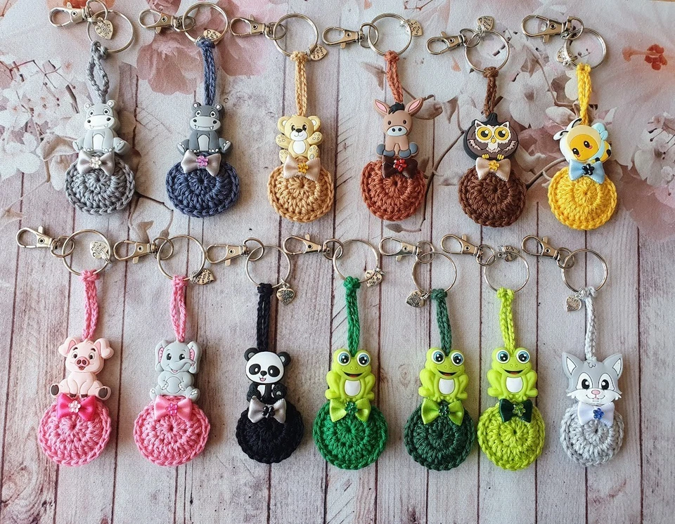 🐝🐘🐼🐖🐻Tier-Schlüsselanhänger/Glücksbringer mit Einkaufswagen-Chip Handarbeit