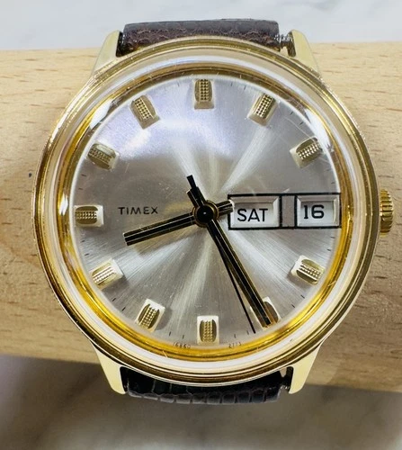 Vintage Men's Timex Day Date Gold Tone Automatic Watch Sunburst Dial