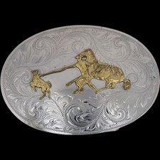 G Silver Sm Rodeo Roper Roping Calf Trophy Cowboy Western Vtg Belt Buckle