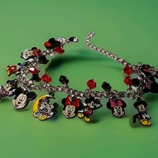 Disney Minnie And Mickey Mouse 12 Charms Silvertone Bracelet 9" Adjustable