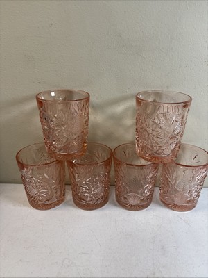 Libbey Glass Pink Rose Hobstar Rocks Glasses 12oz Set of 6 NEW Open Box