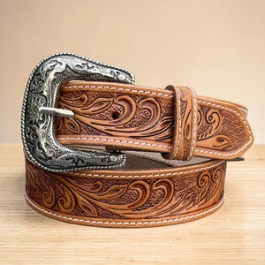 Ceinture en cuir floral de l'Ouest fabriqué à la main et emboîté Cowboy plein grain