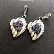 Murano Millefiori Style Glass Heart Earrings Set in Stainless Steel Enamel