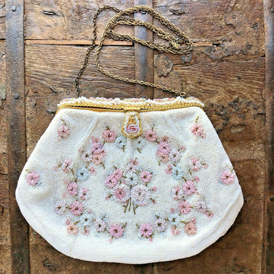 VTG 1950s Freddy Paris Tambour Beaded Clutch Pointe de Beauvais Floral Wedding