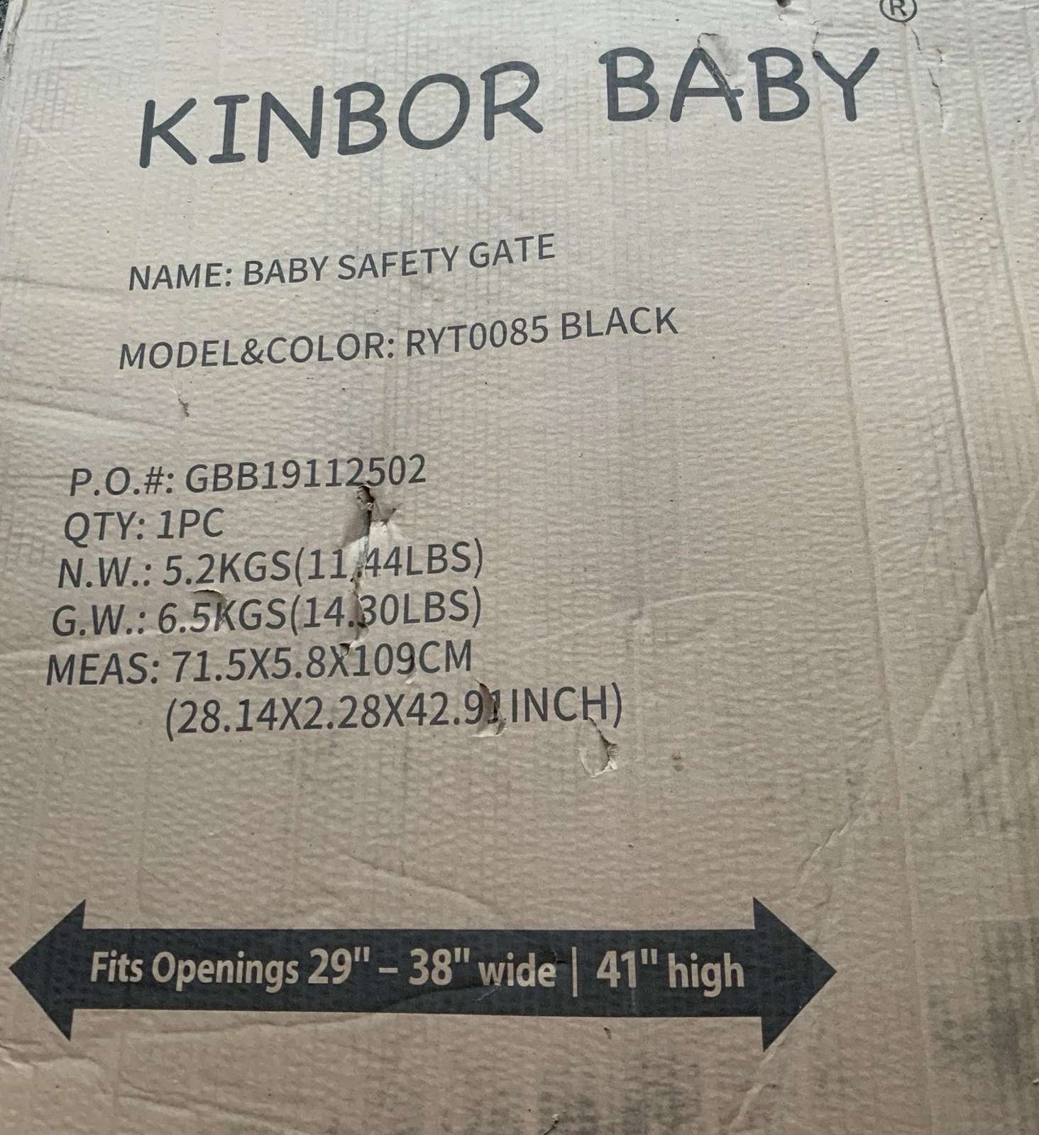 Kinbor Baby Safety Baby Gate Black 29”To38” Opening 41”High Model RYT0085 New