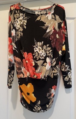 Boston Proper Long Sleeve Stretch Knit Ruched Drop Waist Dress XXS black floral 