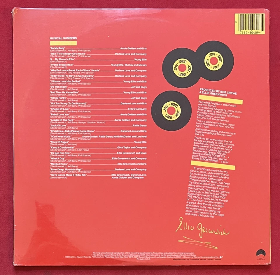 LEADER OF THE PACK BROADWAY CAST LP MINT SEALED! (1985) ELEKTRA RECORDS - Image 2 of 2