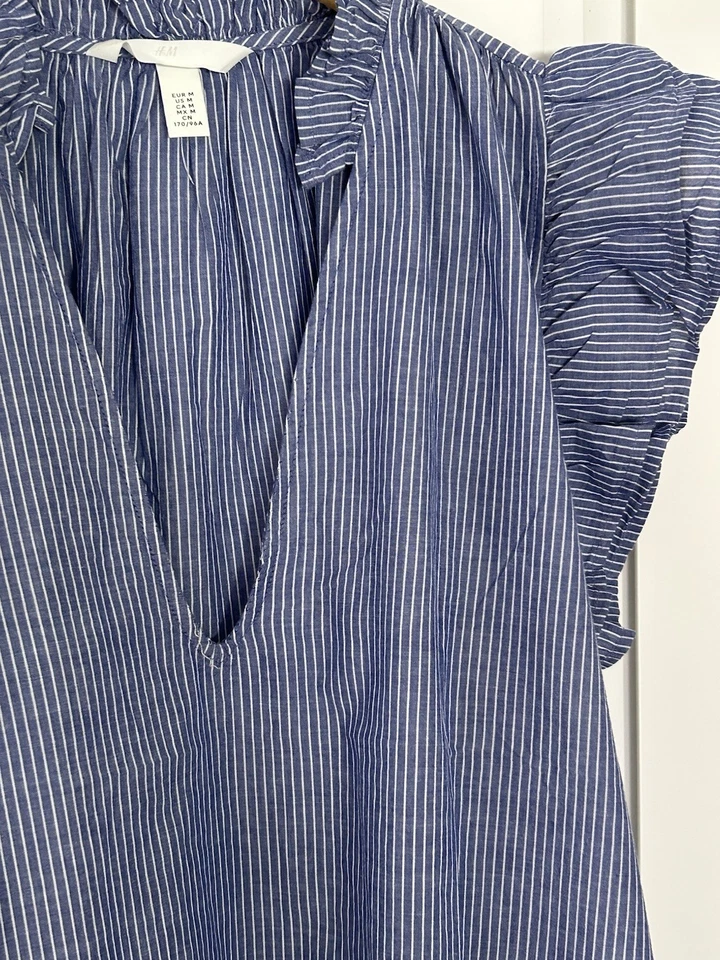 BNWOT H&M frill trimmed pure cotton blouse blue white stripe M Medium 1280449007 - Image 4 of 4