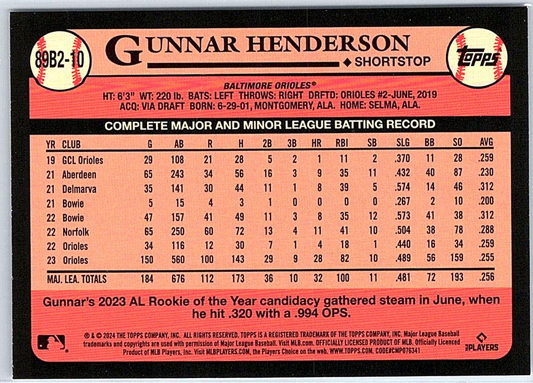Gunnar Henderson 2024 Topps Series 2 35th Anniversary 89B2 Gunnar Henderson 2024 Topps Series 2 35th Anniversary 89B2