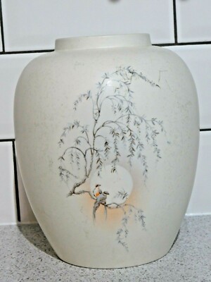 POOLE KERAMIK GROSSE 22cm HOCH BAUCHIG WEISS GLANZ VASE EXOTISCHE VÖGEL IM BAUM