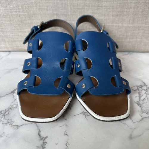Marni Blue Leather White Patent Leather Sling Back Chunky Heel Sandals Size 36 - Picture 2 of 23