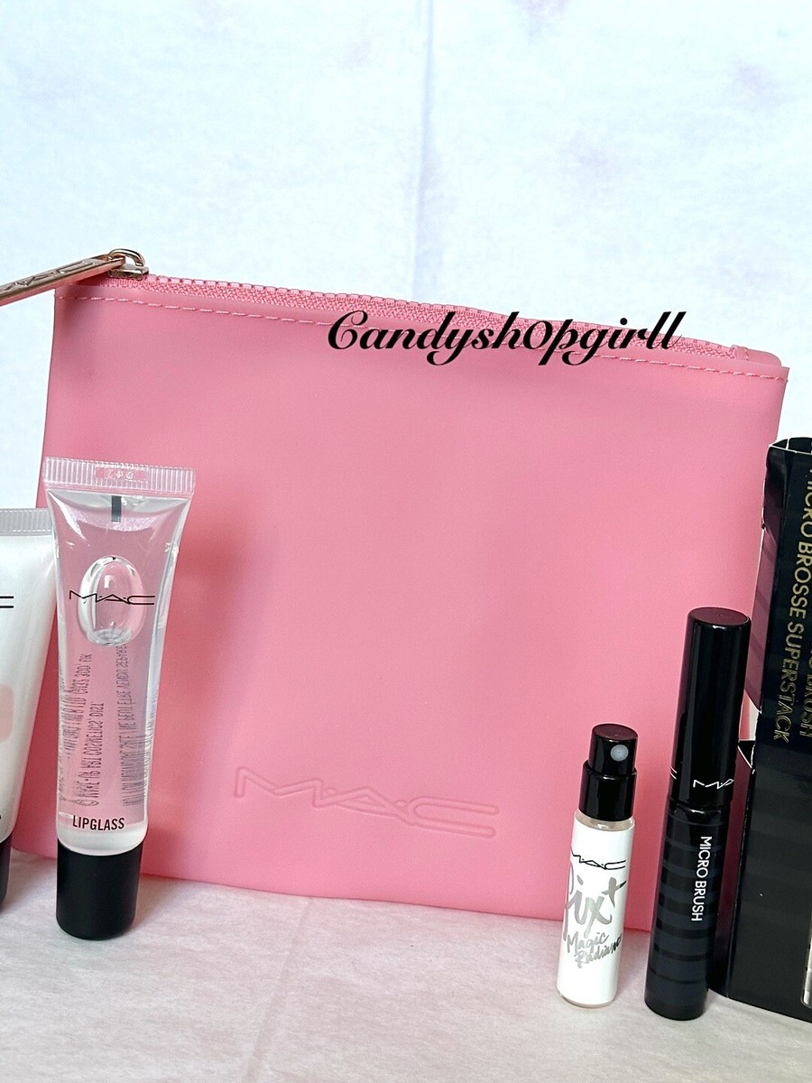 5PC MAC Makeup Set/Pouch/Lipglass/Strobe Cream/Setting Spray