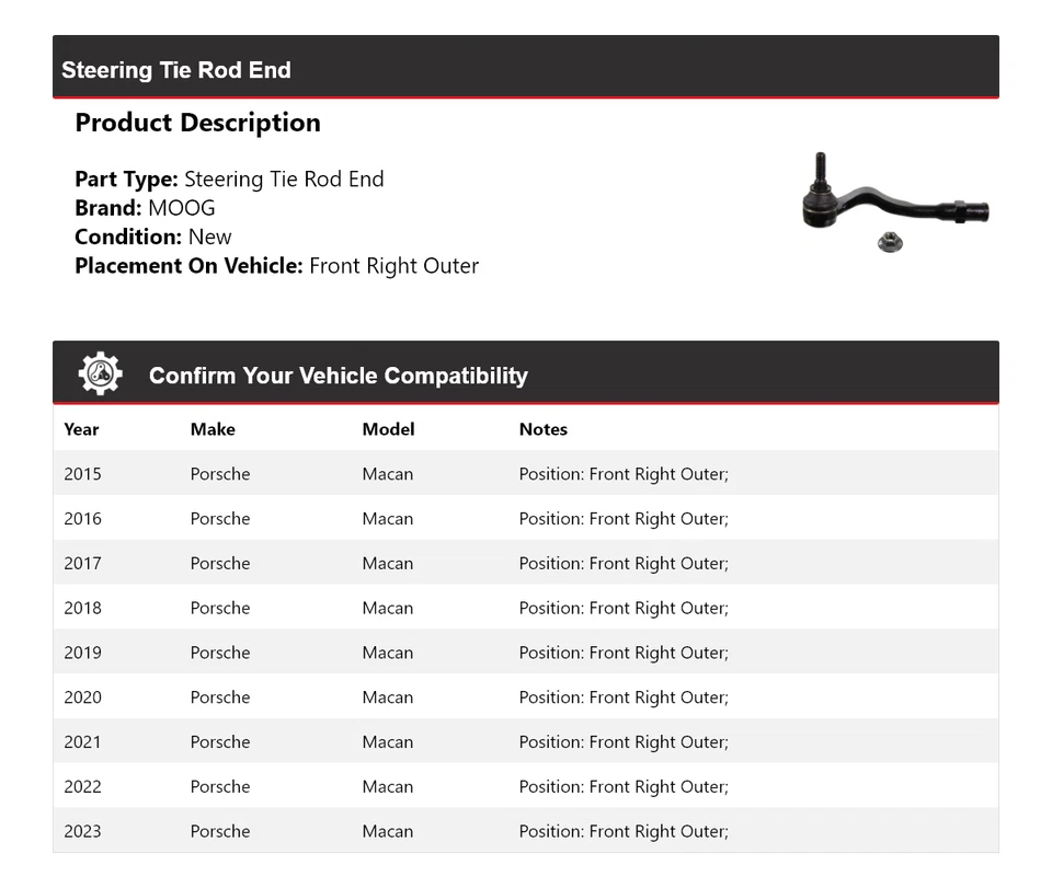 Para 2015-2023 Porsche Macan extremidade da haste de direção dianteira direita externa MOOG 2015 - Imagem 2 de 4