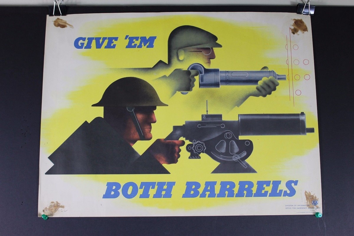 Rare Original WWII Give Em Both Barrels Production Poster Jean