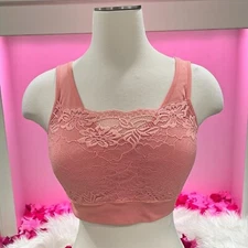 Rhonda Shear Lace Bralette Crop Top Padded Bra Seamless Wireless Pink Medium
