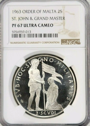 1963 ORDER OF MALTA SILVER 2 SCUDI ST JOHN & GRAND MASTER NGC PF 67 ULTRA CAMEO 