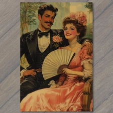 Art Print Glamorous Woman Holding Fan Man Peeking Door Retro Romance Moment