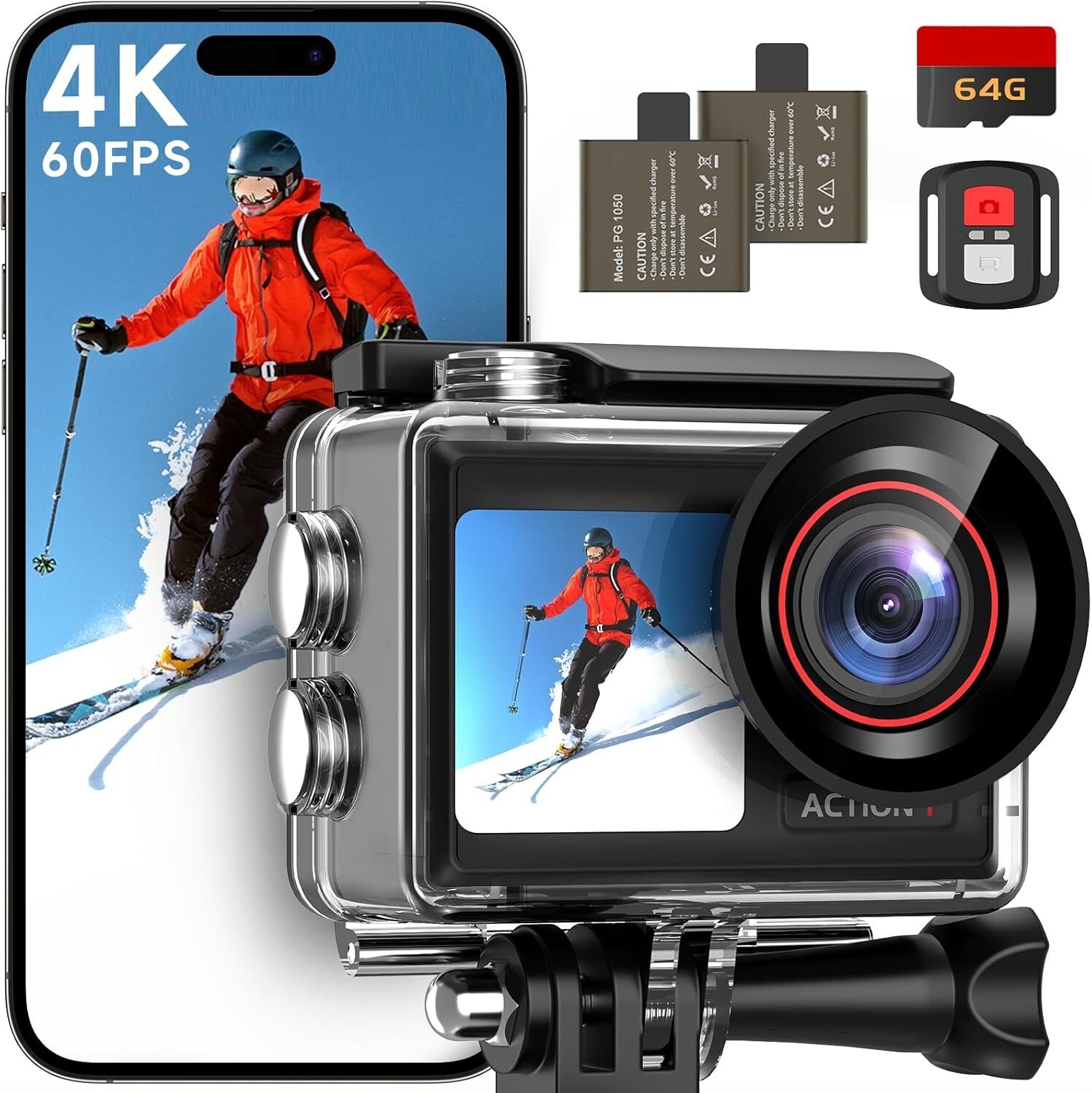 4K60FPS Action Camera with Dual Screens, Waterproof to 132FT - 64GB Included-image
