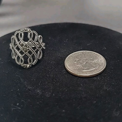 Vintage 80's Sterling Silver Texture Filigree Marcasite Ring Size 9 Stamp MO 925 - Picture 12 of 17