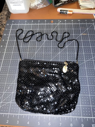 VICTORIA PLACE LTD. BLACK METALLIC SEQUINED MESH SHOULDER PURSE