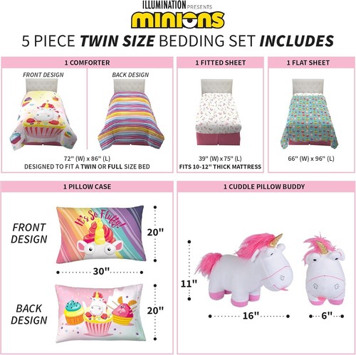 Minions Despicable Me Girls Bedding Bed Set Fluffy Unicorn Twin Pink Plush - Picture 10 of 10