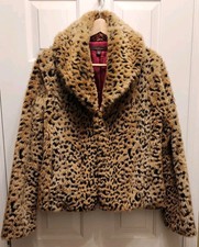 Fever Ladies Leopard Faux Fur Crop Jacket Coat Medium Euc