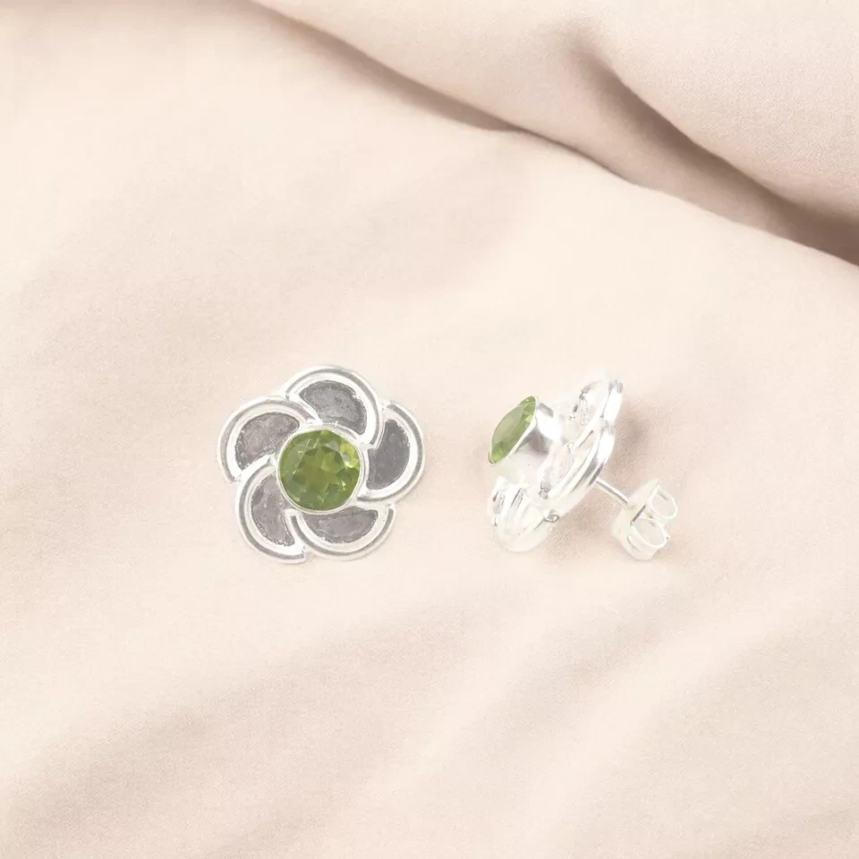 Natural Peridot Studs Gemstone 925 Sterling Silver Push Back Stud Earrings - Image 2 of 3