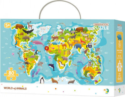 Puzzle obserwacyjne 80 elementów. DODO. Mapa świata zwierząt