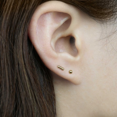 14k Solid Gold Small Ball Stick Stud Earring, Small Dainty Gold Piercing - Picture 2 of 4