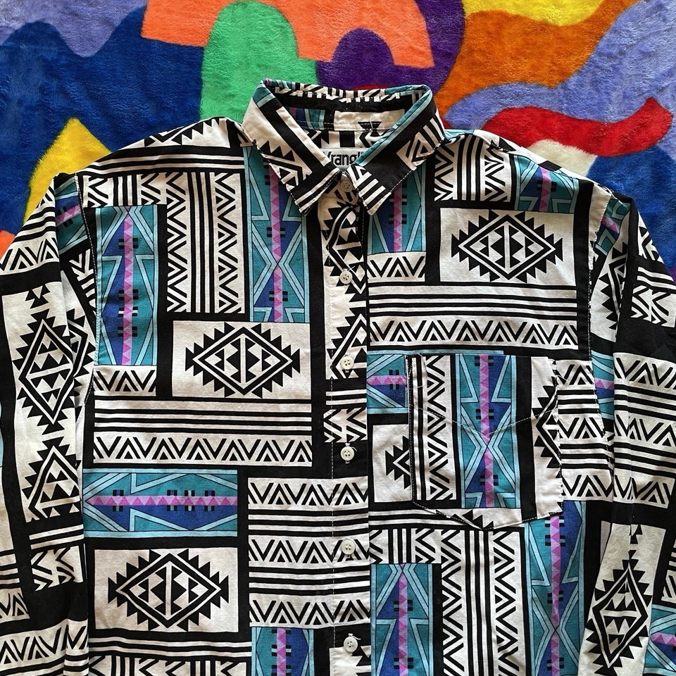 Vintage 80s Wrangler Button Up Shirt Men’s Small Aztec Geometric Art Hipster 90s - Image 3 of 4