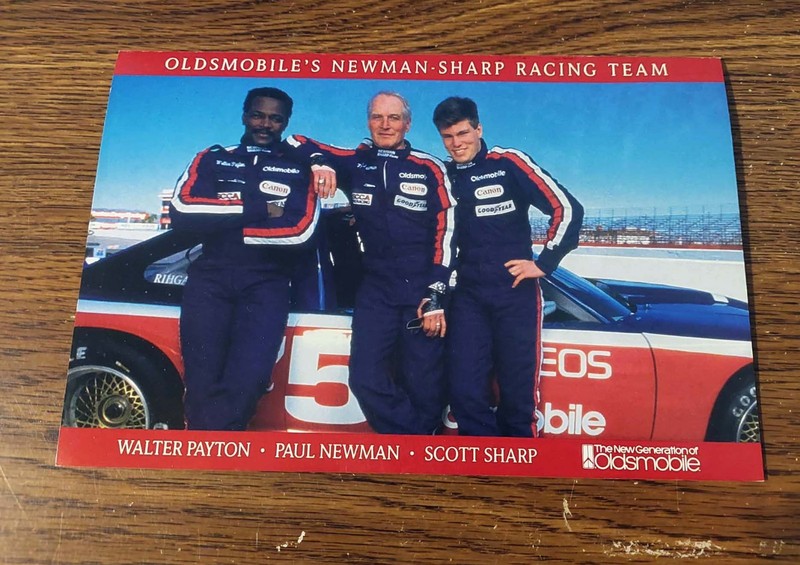 Paul Newman , Scott Sharp, Walter Payton handout card. 1989-90. SCCA.