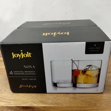 JoyJolt Nova Crystal Whiskey Old Fashion Glasses Lowball Set of 4, 10oz NEW