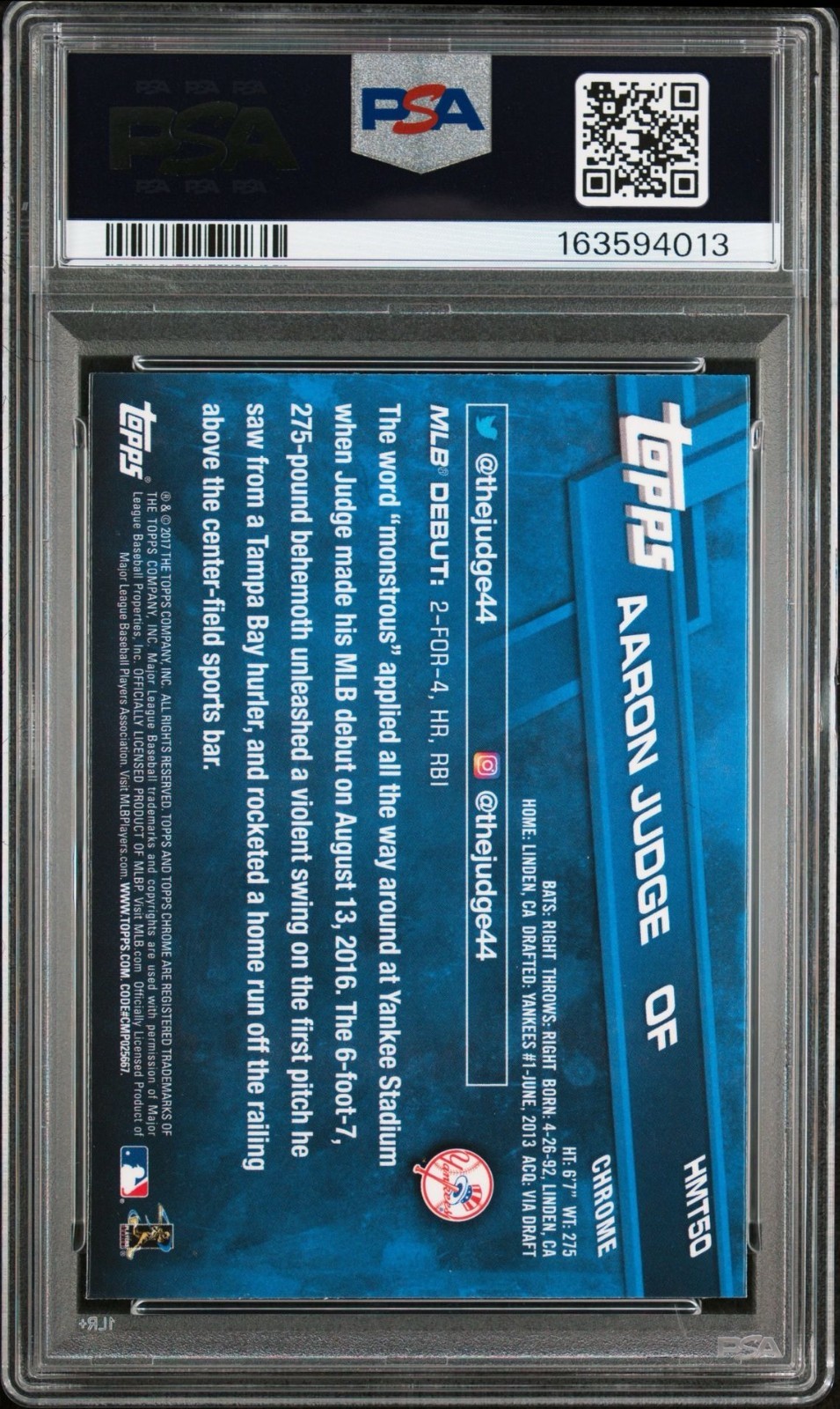 2017 Topps Chrome Update - Rookie Debut Aaron Judge #HMT50 (RC) PSA 10 Yankees view 2