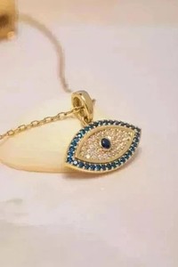 Authentic 1.6Ct Round Lab-Created Sapphire Diamond 14k Yellow Gold Plated Evil Eye Pendant