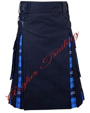 Handmade Black With Ramsey Blue Tartan Hybrid Utility Kilt Men Custom Size Kilts