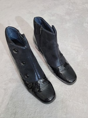 Helle Comfort Booties Womens 10 Black Mixed Media Button Detail Croc Embossed