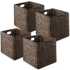 Set of 4 Hyacinth Storage Cubes, 12x12 Wicker Basket Bins for Shelves, Espresso