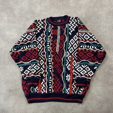 Vintage Cosby Jumper Mens XL 3D Chunky Cable Knit Sweater, Black Red