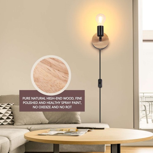 Plug in Wall Lights w/ Switch Wall Lights Indoor Wood Wall Light 360° Rotatable - Picture 4 of 7