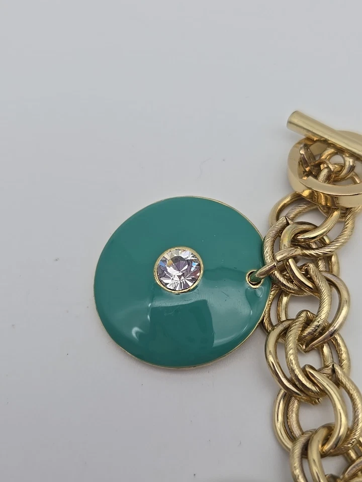 Brazalete de palanca de diamantes de imitación blancos cuelga disco dorado y azul verdoso Foto 2 de 4