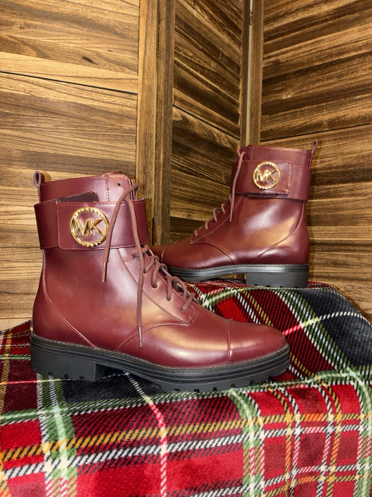 Michael Kors Men's Leather Boots Size 11 Burgundy Lace Up Side Zipper New No Box