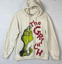 The Grinch Hoodie MED Cream Holiday Graphic Pullover Christmas Sweatshirt READ
