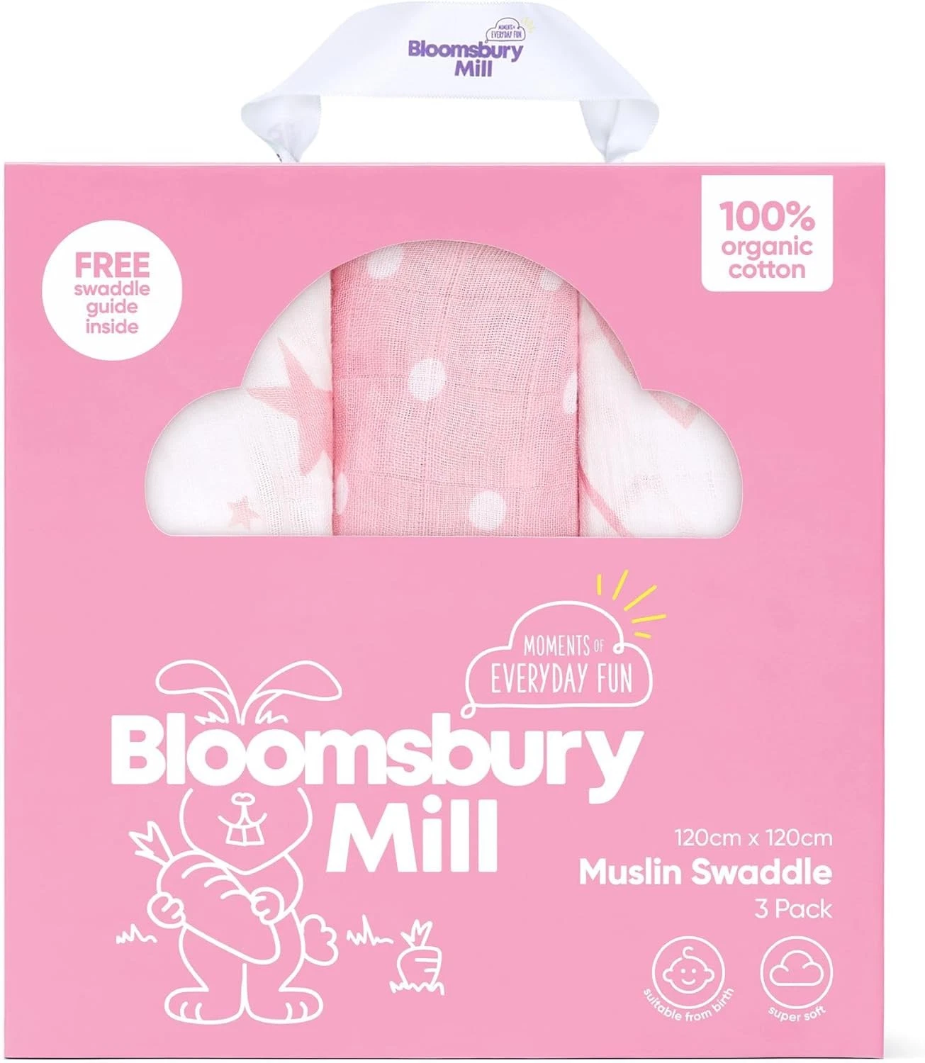 Baby Swaddle Blanket 3 Pack Soft 100% Organic Cotton Muslin 120x120cm Pink &