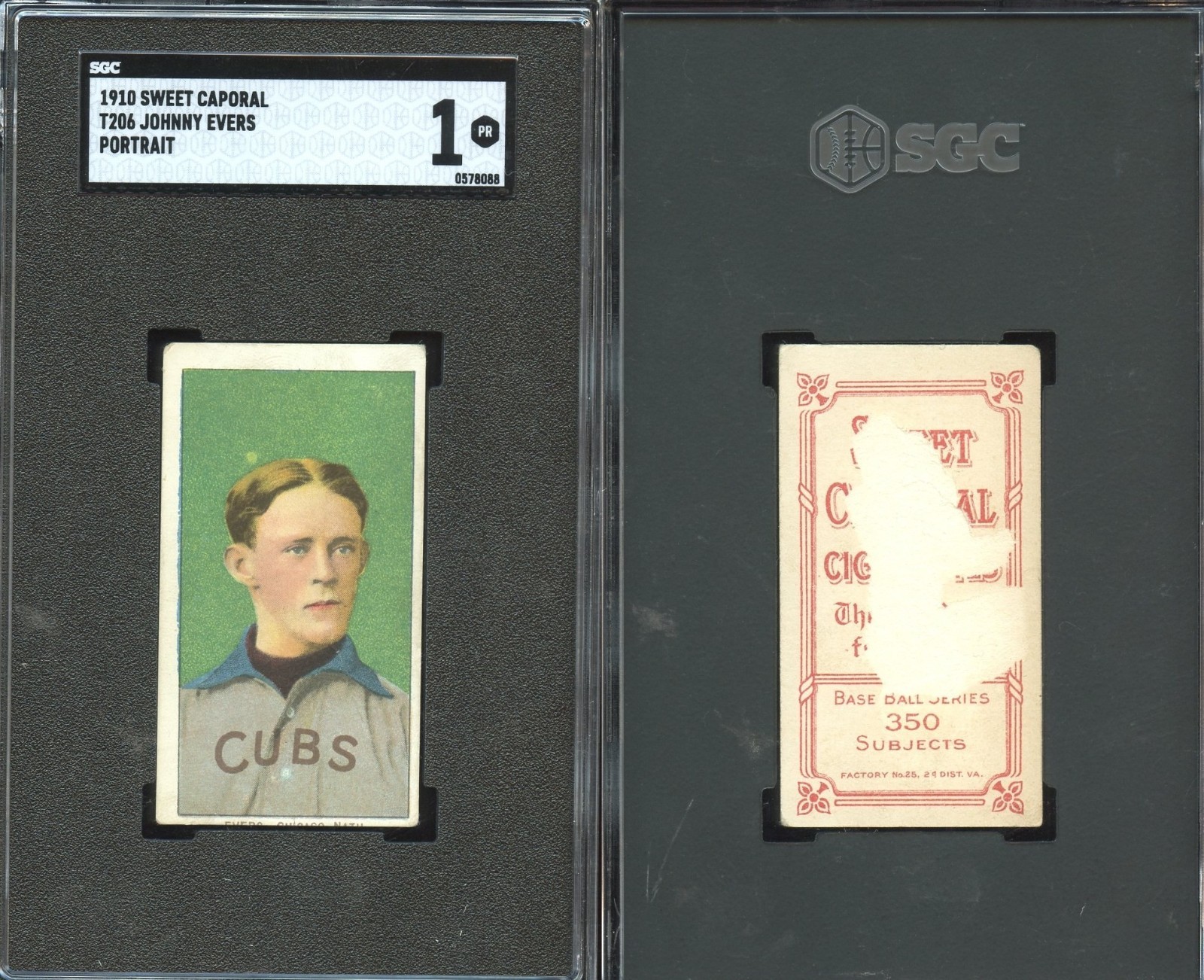 T206 Johnny Evers Portrait *Cubs* HOF ~~ SGC 1 ~~ Sweet Caporal 350/25 Back