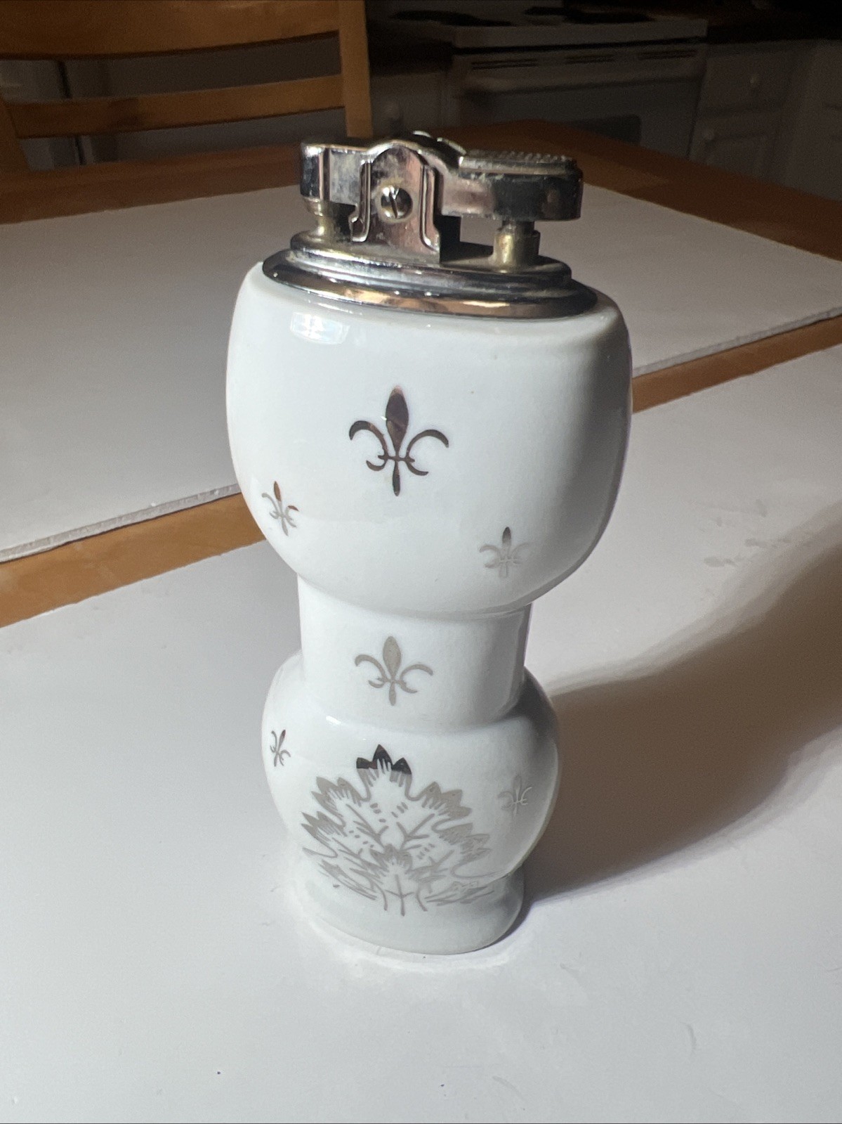 Antique porcelain Table Lighter White Silver Accents Japan CollectibleNot Working