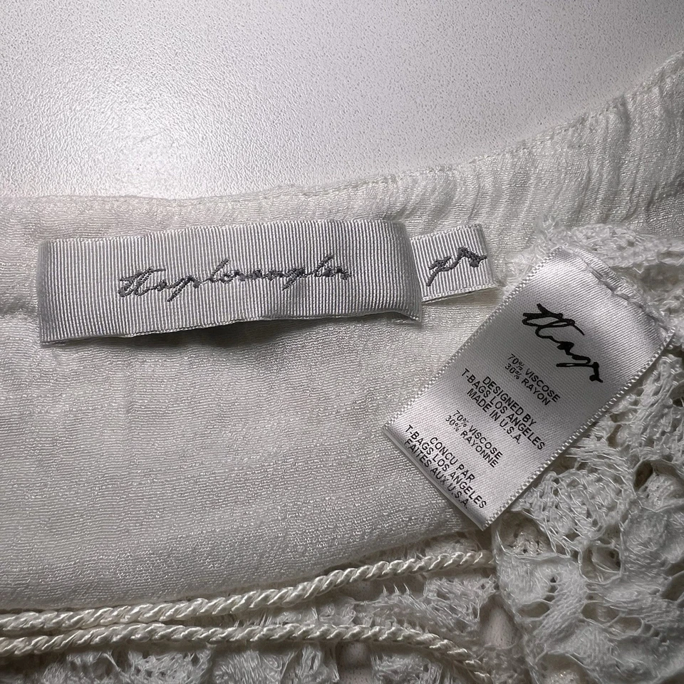 T 包钩针针织上衣女式 XS 白色系带喇叭袖覆盖波西米亚度假村 — 第 3/4 张图片