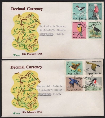 1966 Australian BIRDS Decimal Set of 8 on Unsealed ROYAL FDC's