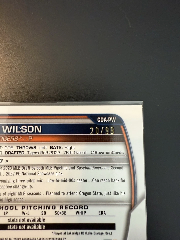 2023 Bowman Draft Chrome Paul Wilson 1st Auto Green Refractor /99 Detroit Tigers Foto 3 de 3