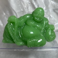 Vtg Buddha Holding Praying Beads Light Green Jade Figurine