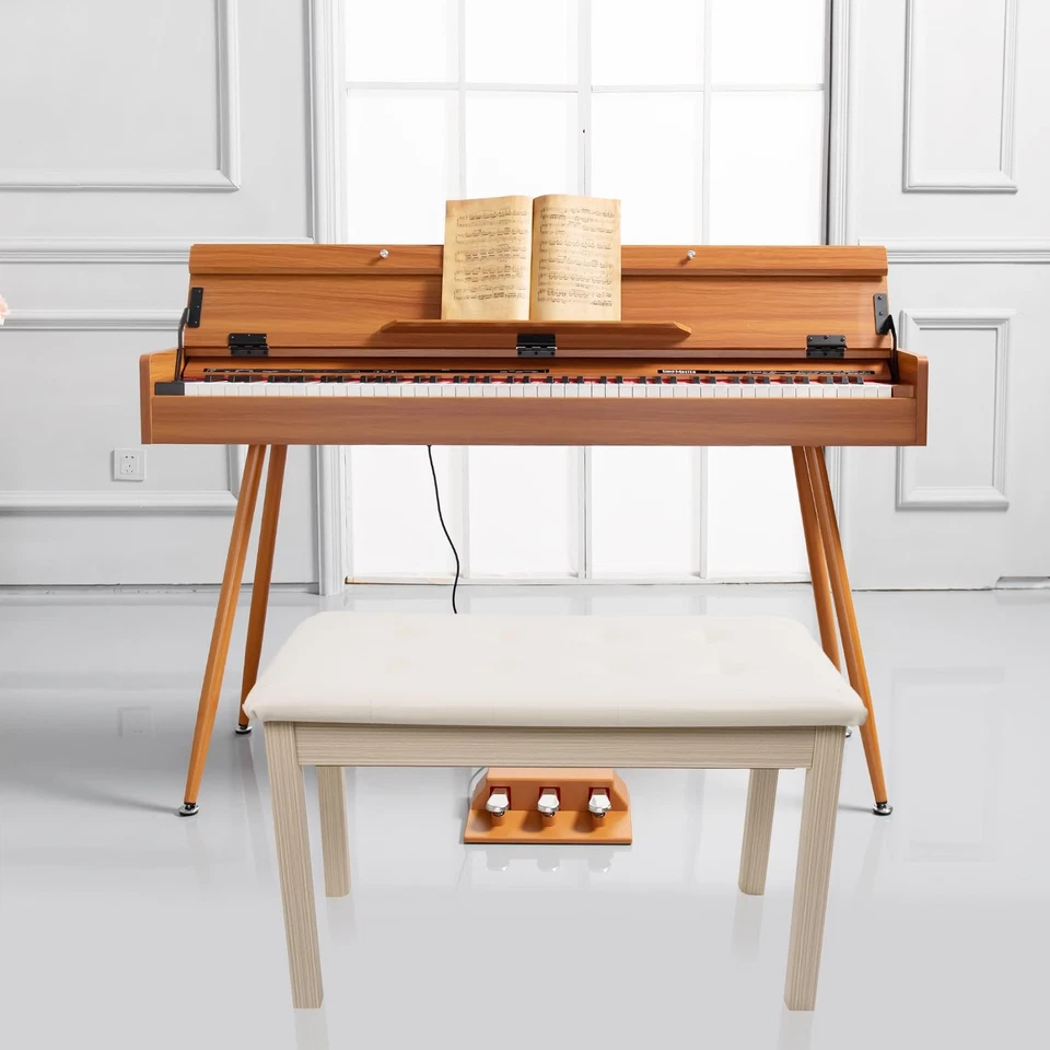 Banco acolchoado para piano dueto com armazenamento - Assento tufado de madeira maciça, damasco - Imagem 2 de 4